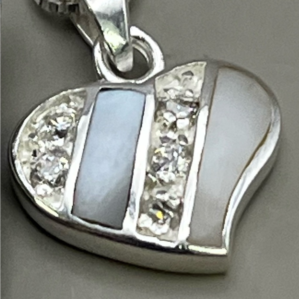 Contemporary Sterling Silver Gray and Blue Heart Necklace with Crystals